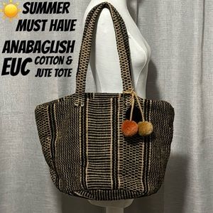 Anabaglish Jute & Cotton Shoulder Tote-Black & Tan-Snap Top Closure